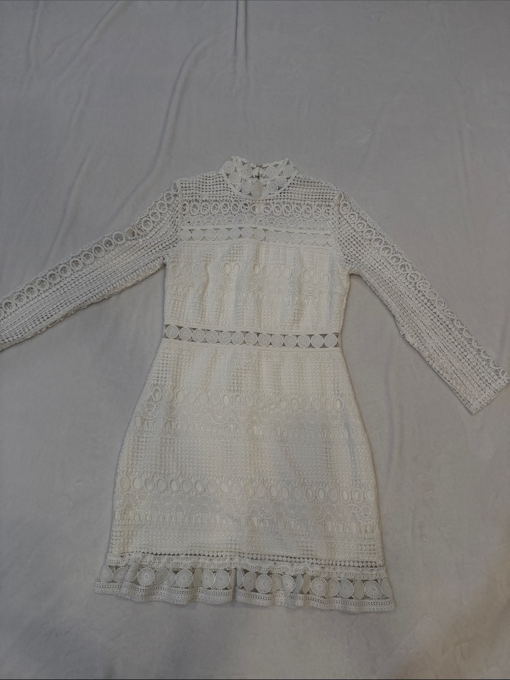 Lace High-Neck Long Sleeve Mini Dress in White